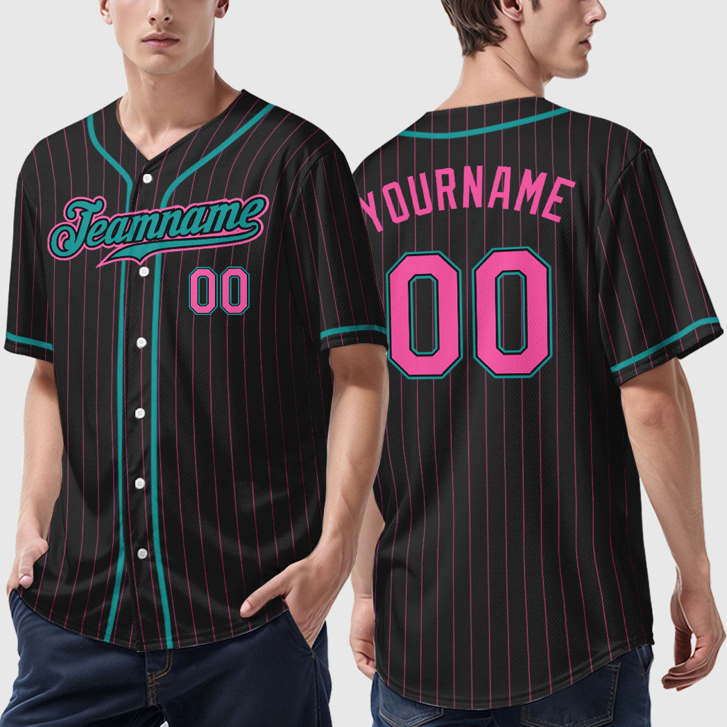 Custom Black Pink Pink-Teal Piping Pinstripe Baseball Jersey