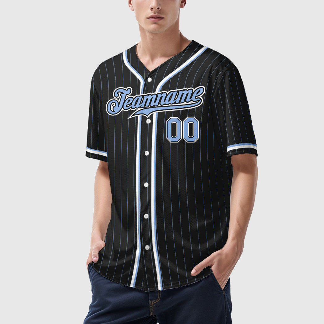 Custom Black Light Blue Light Blue-White Piping Pinstripe Baseball Jersey