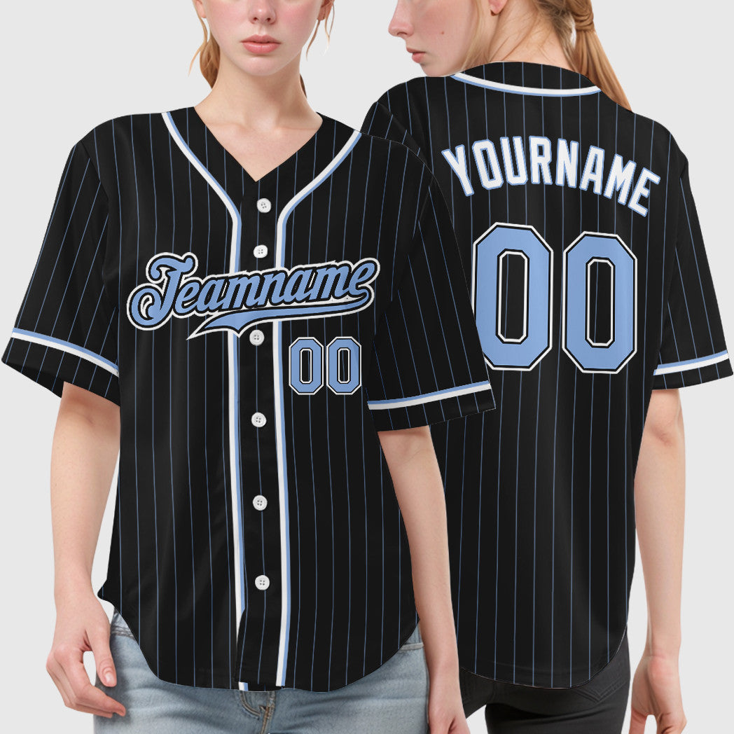 Custom Black Light Blue Light Blue-White Piping Pinstripe Baseball Jersey