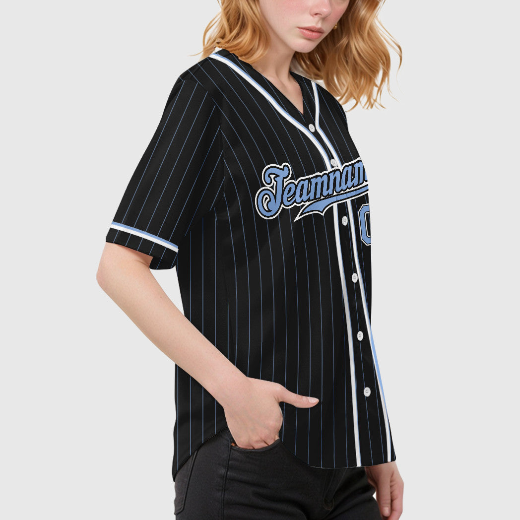 Custom Black Light Blue Light Blue-White Piping Pinstripe Baseball Jersey