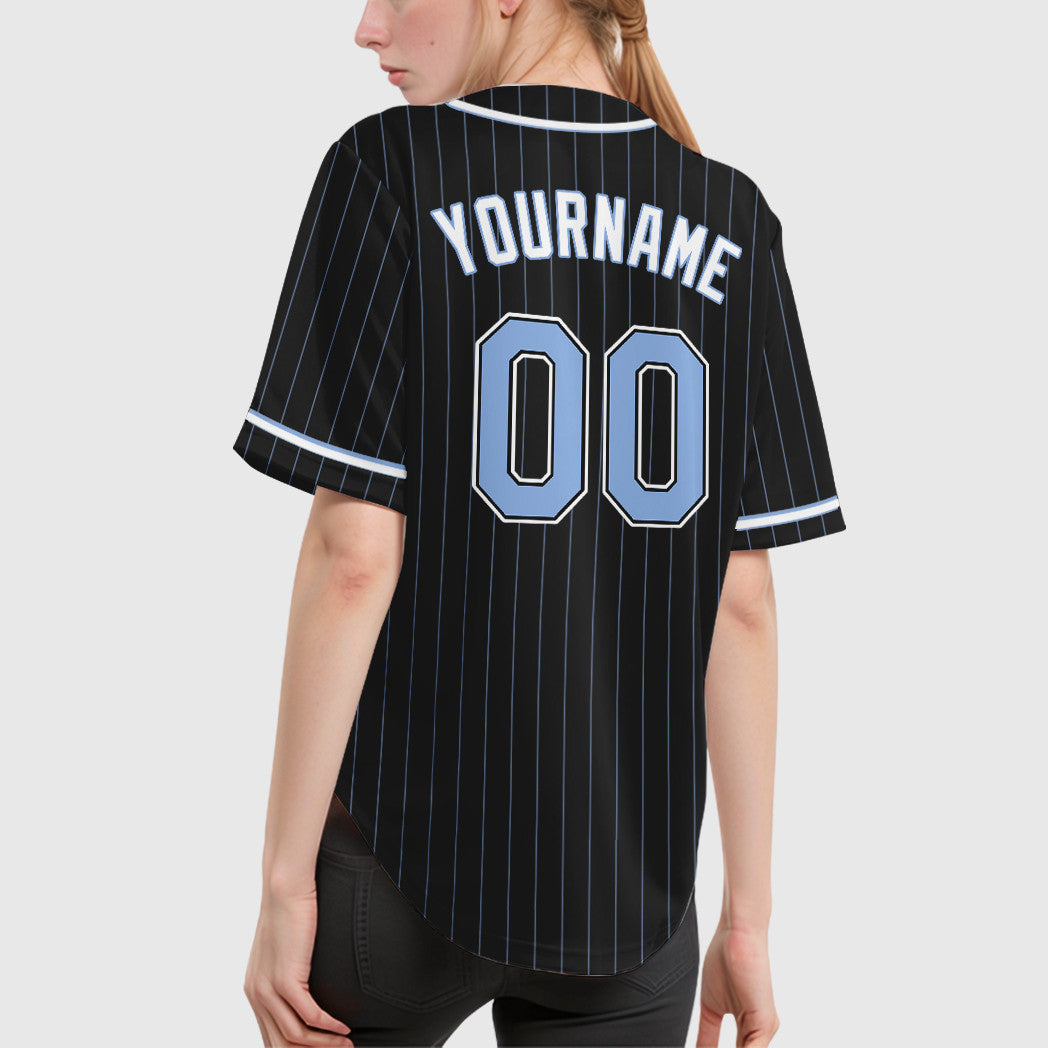 Custom Black Light Blue Light Blue-White Piping Pinstripe Baseball Jersey