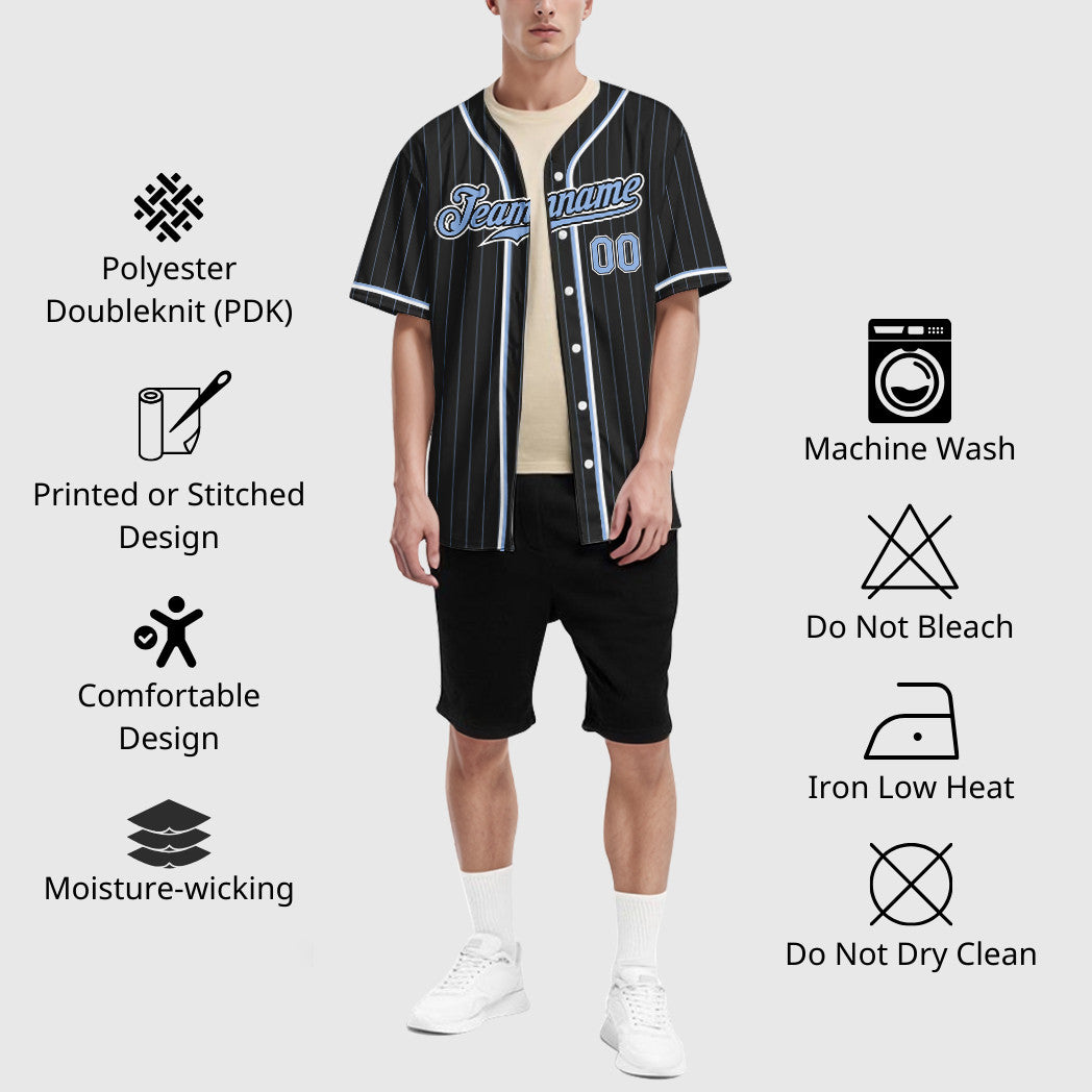 Custom Black Light Blue Light Blue-White Piping Pinstripe Baseball Jersey