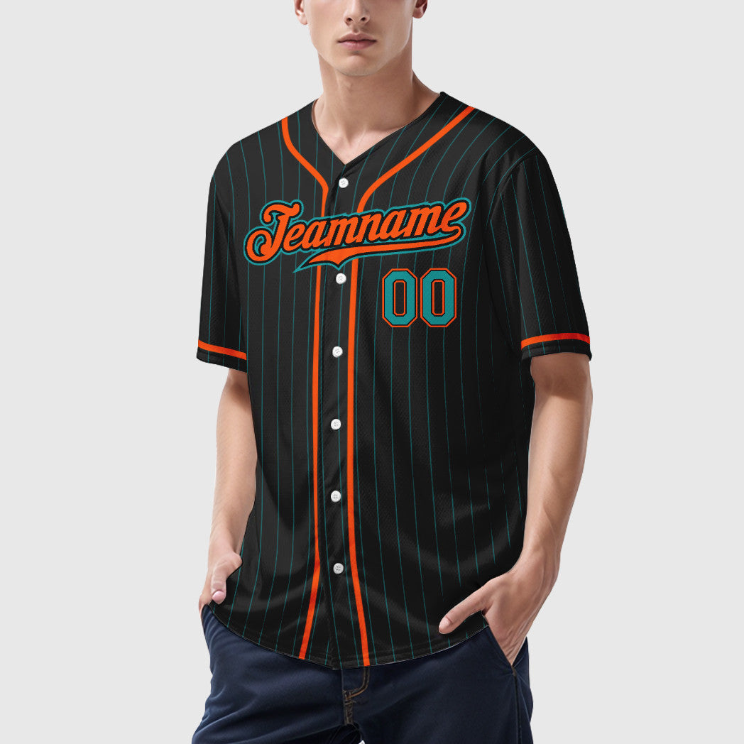 Custom Black Teal Teal-Orange Piping Pinstripe Baseball Jersey