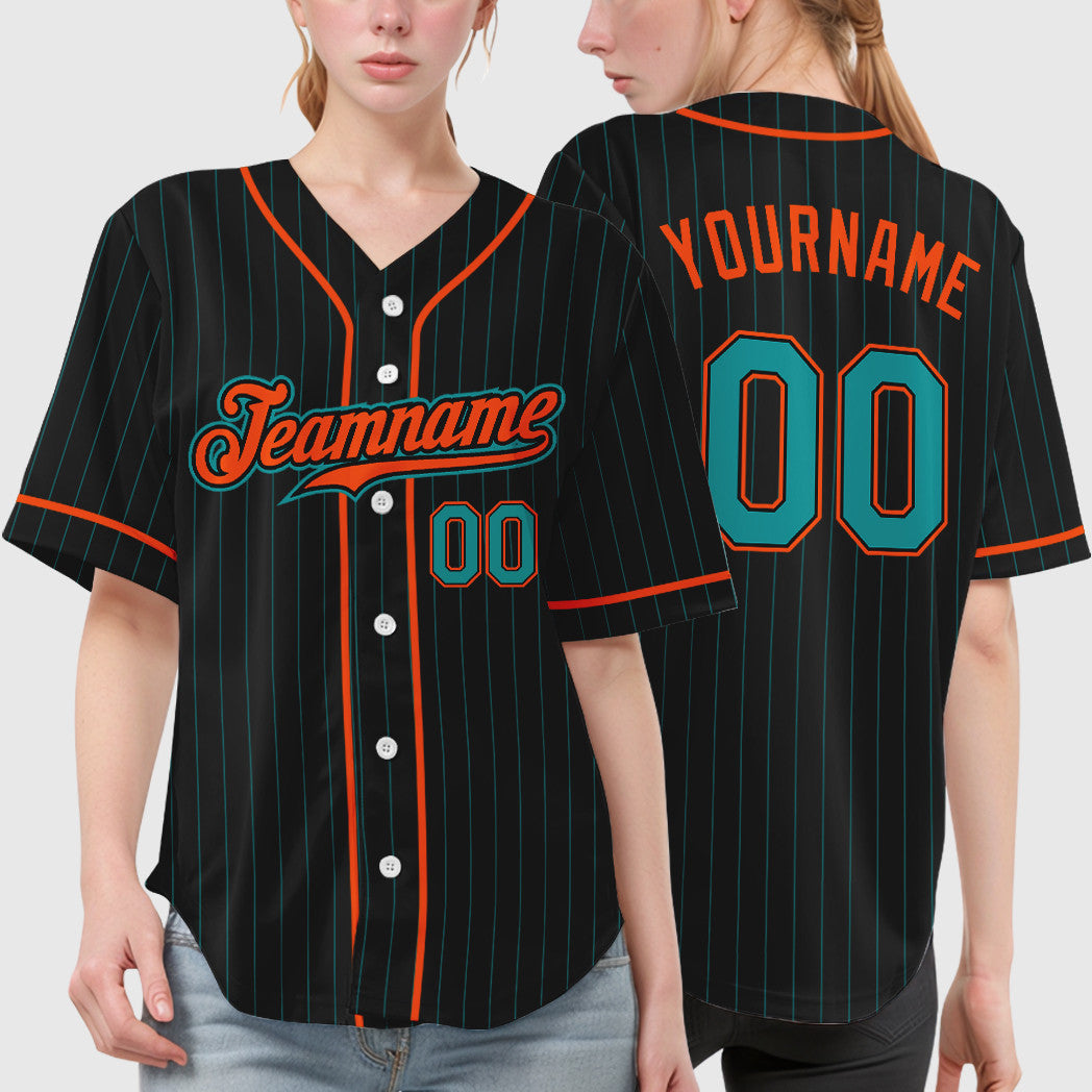 Custom Black Teal Teal-Orange Piping Pinstripe Baseball Jersey