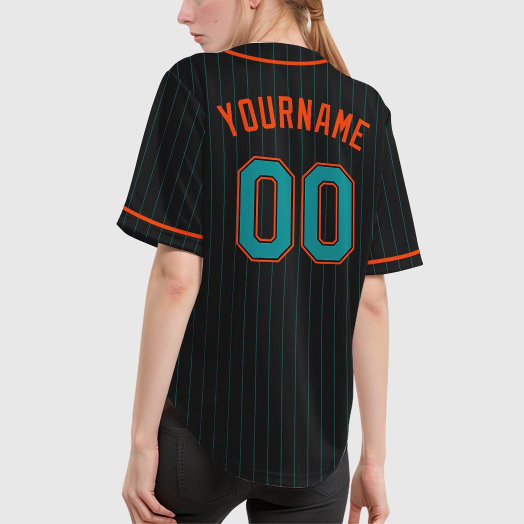 Custom Black Teal Teal-Orange Piping Pinstripe Baseball Jersey