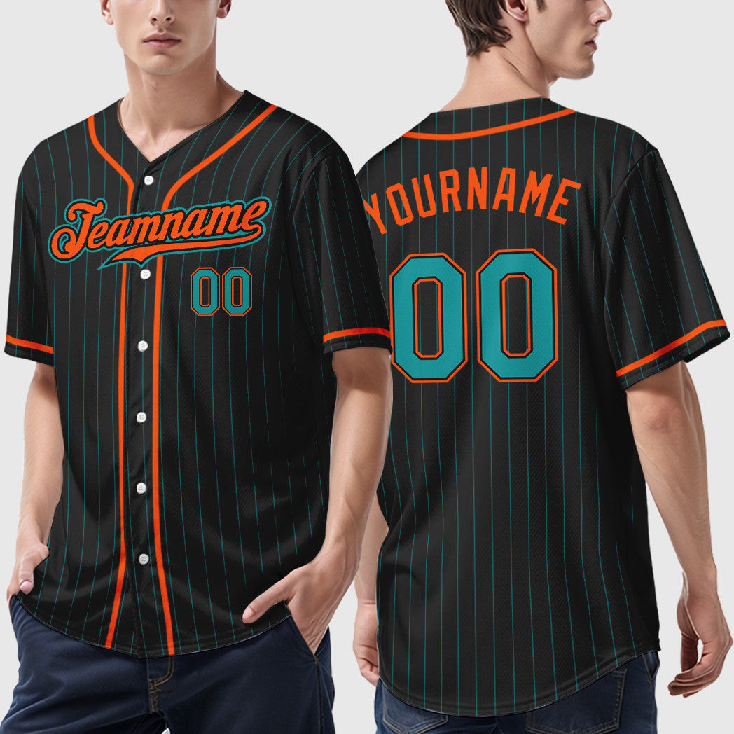 Custom Black Teal Teal-Orange Piping Pinstripe Baseball Jersey
