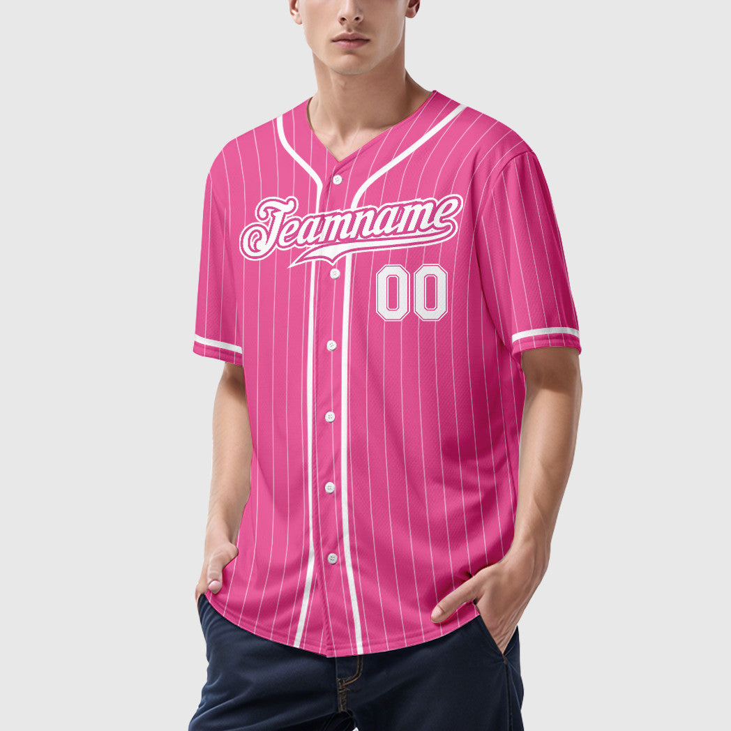 Custom Pink White White Piping Pinstripe Baseball Jersey