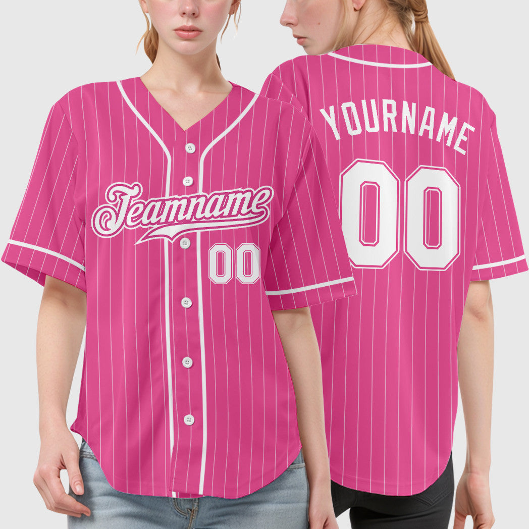 Custom Pink White White Piping Pinstripe Baseball Jersey
