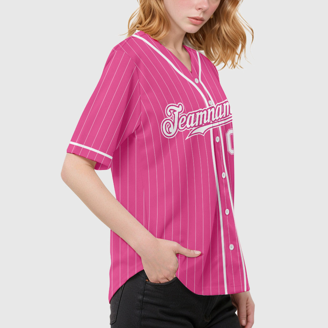 Custom Pink White White Piping Pinstripe Baseball Jersey