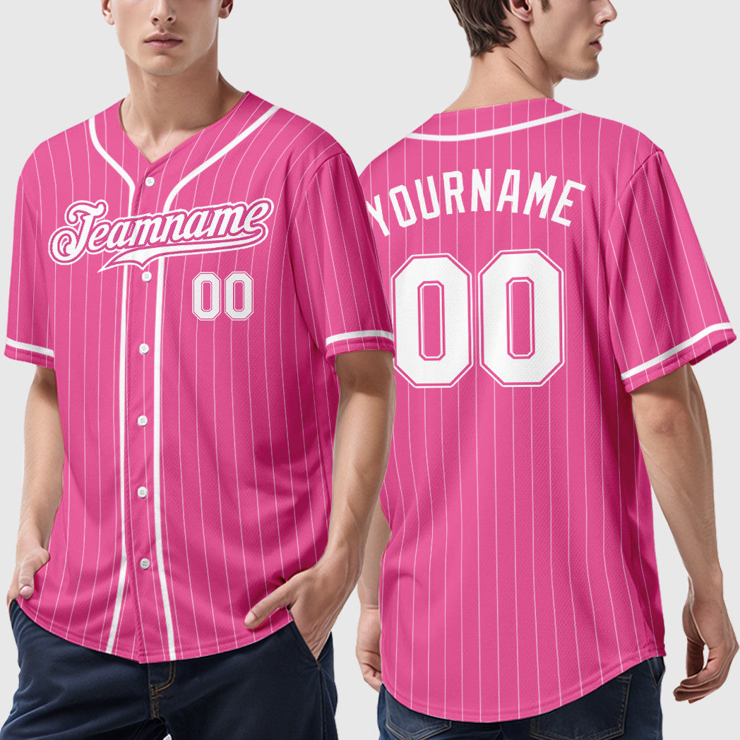Custom Pink White White Piping Pinstripe Baseball Jersey