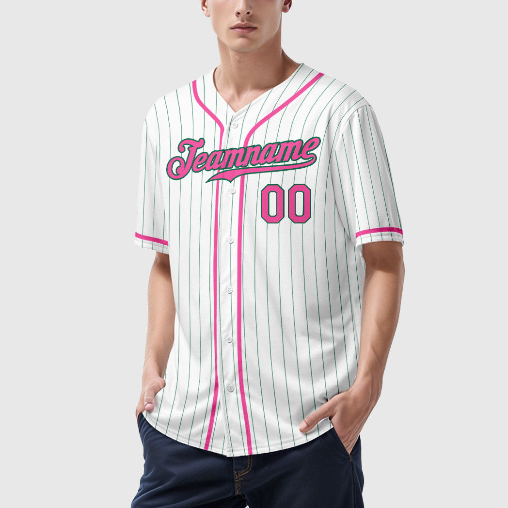 Custom White Kelly Green Pink-Kelly Green Piping Pinstripe Baseball Jersey