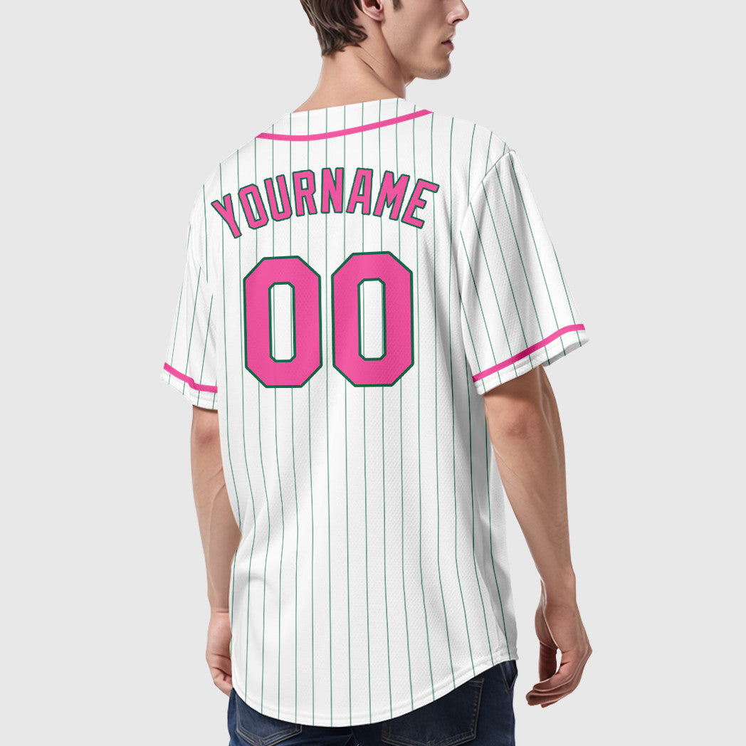 Custom White Kelly Green Pink-Kelly Green Piping Pinstripe Baseball Jersey
