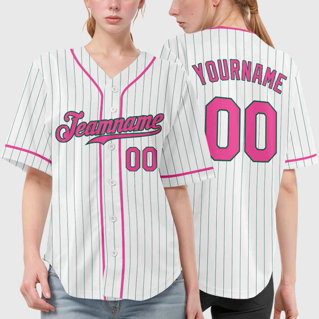Custom White Kelly Green Pink-Kelly Green Piping Pinstripe Baseball Jersey