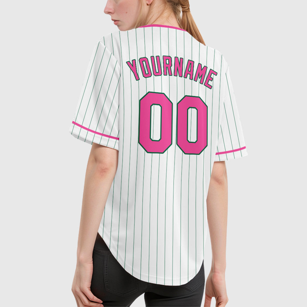 Custom White Kelly Green Pink-Kelly Green Piping Pinstripe Baseball Jersey