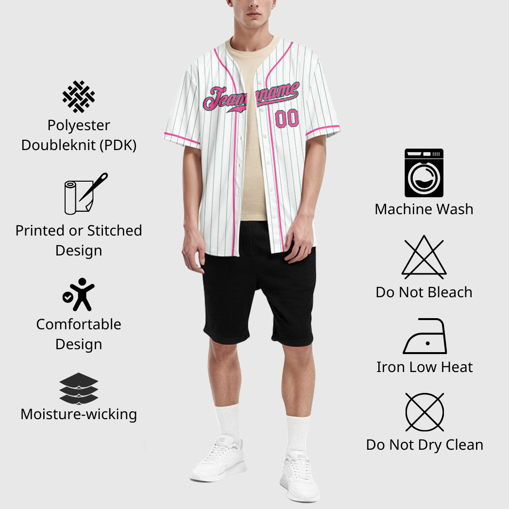 Custom White Kelly Green Pink-Kelly Green Piping Pinstripe Baseball Jersey