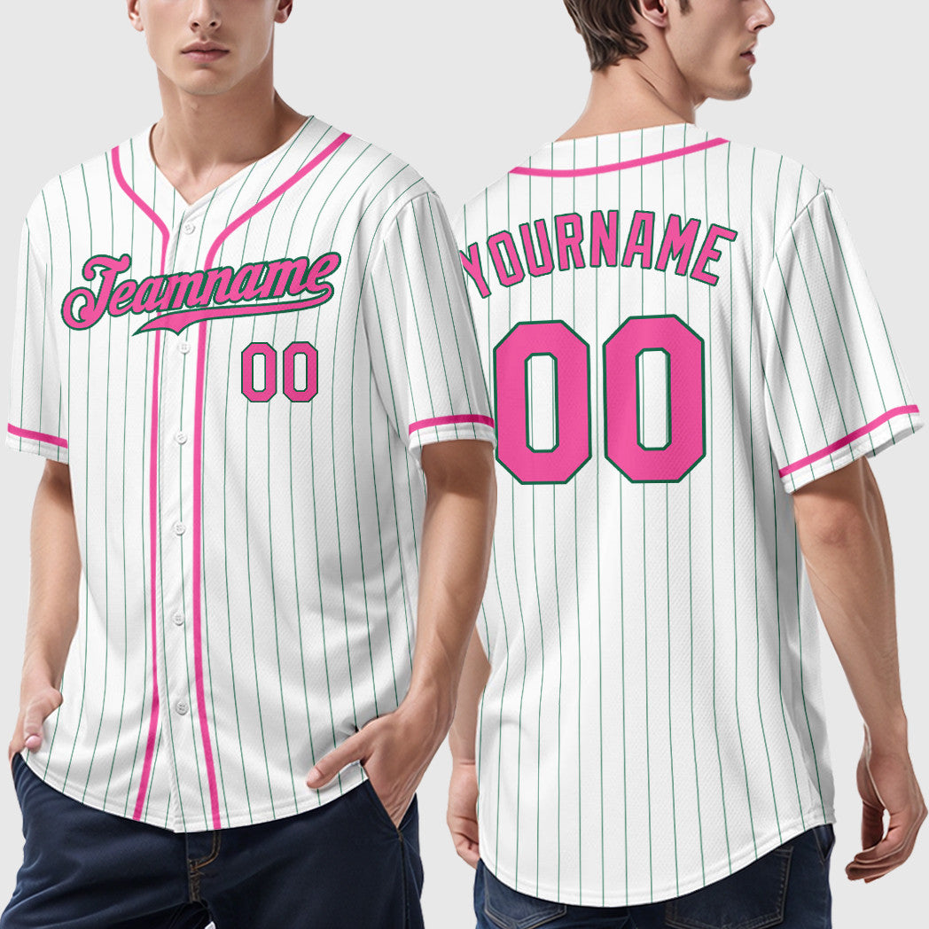 Custom White Kelly Green Pink-Kelly Green Piping Pinstripe Baseball Jersey