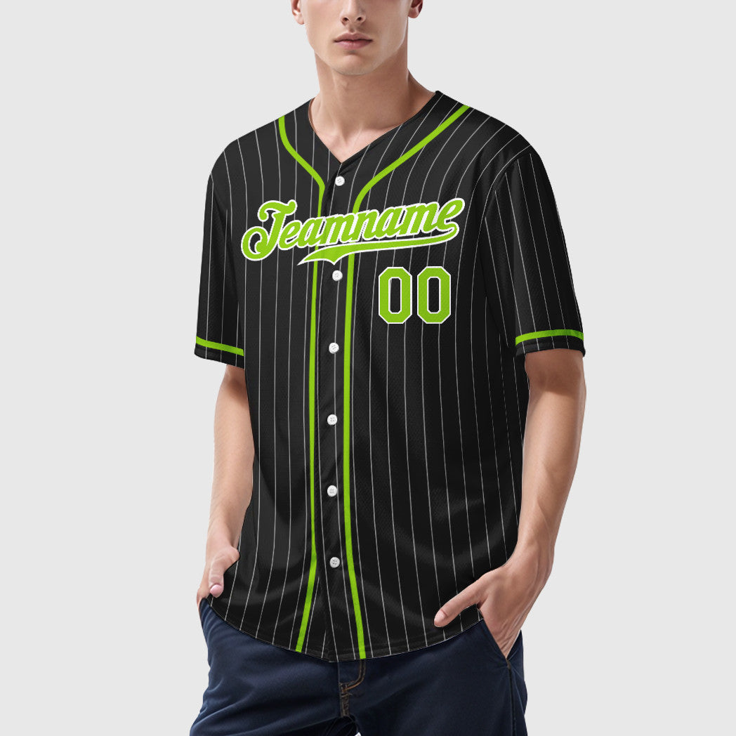 Custom Black White Neon Green Piping Pinstripe Baseball Jersey