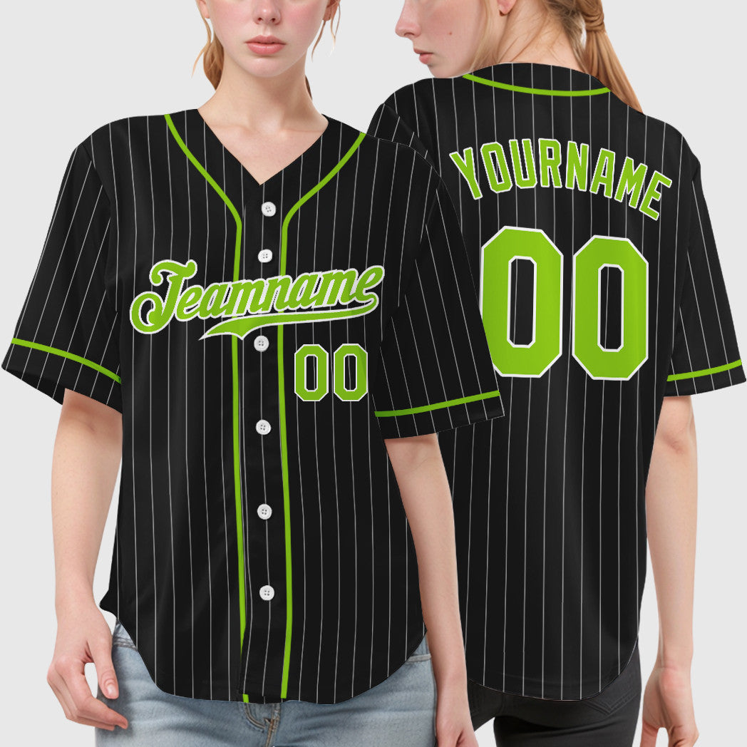 Custom Black White Neon Green Piping Pinstripe Baseball Jersey