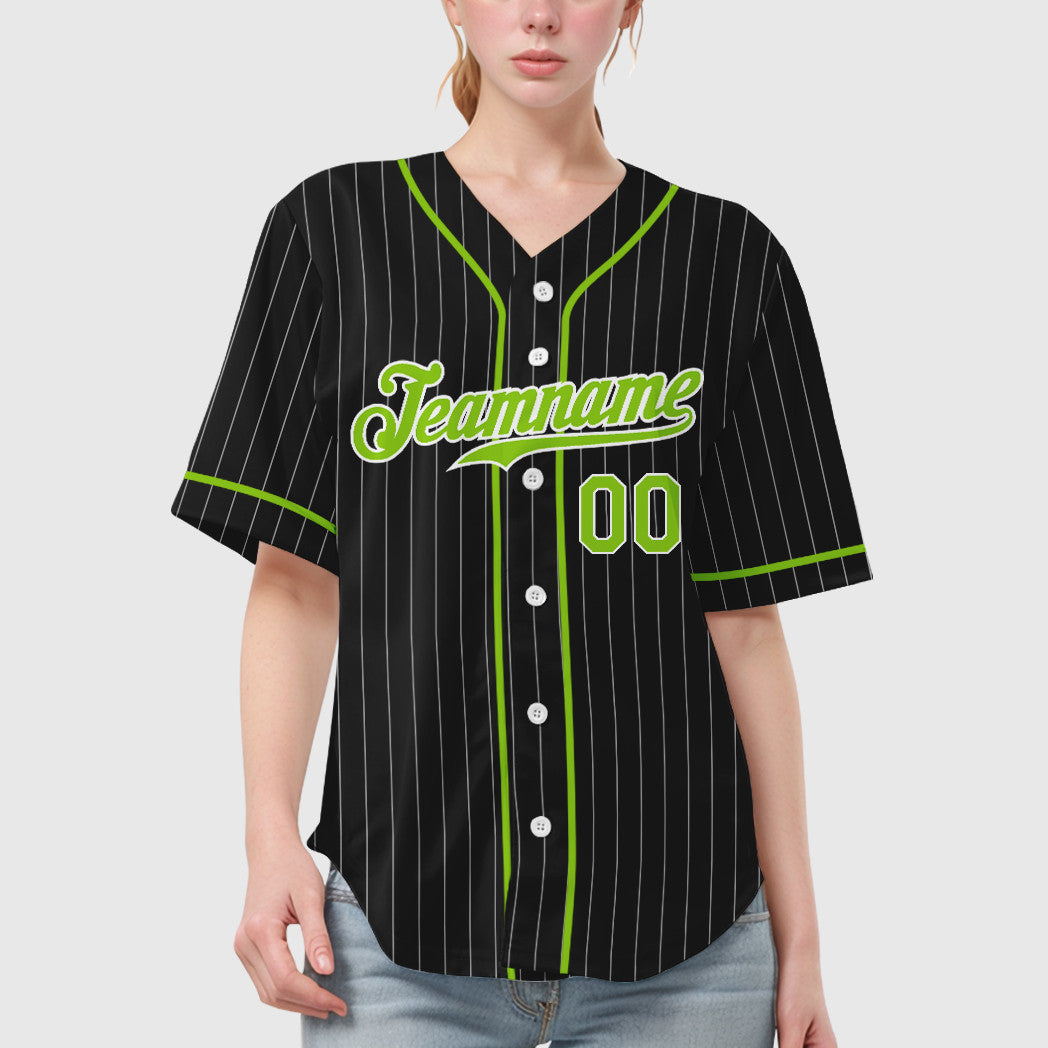 Custom Black White Neon Green Piping Pinstripe Baseball Jersey