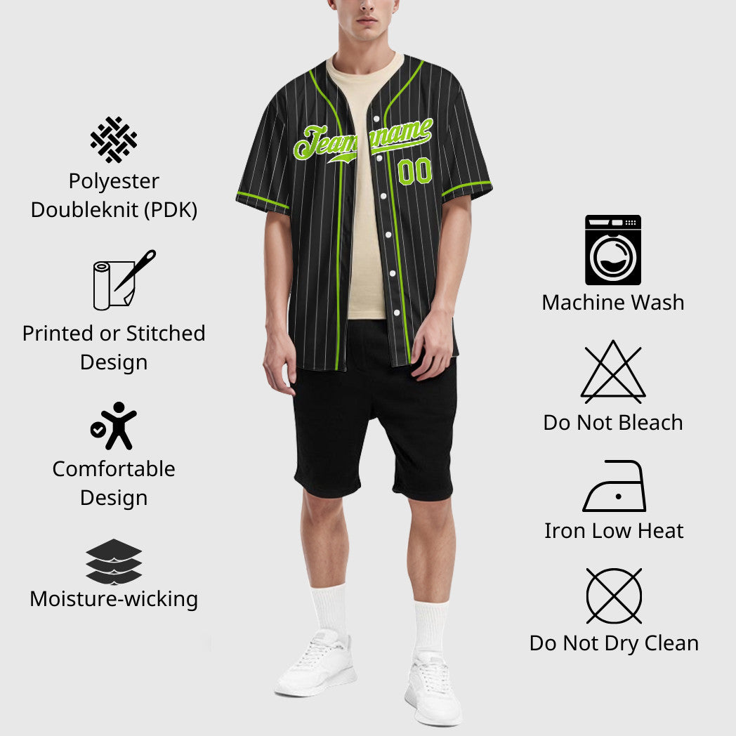 Custom Black White Neon Green Piping Pinstripe Baseball Jersey
