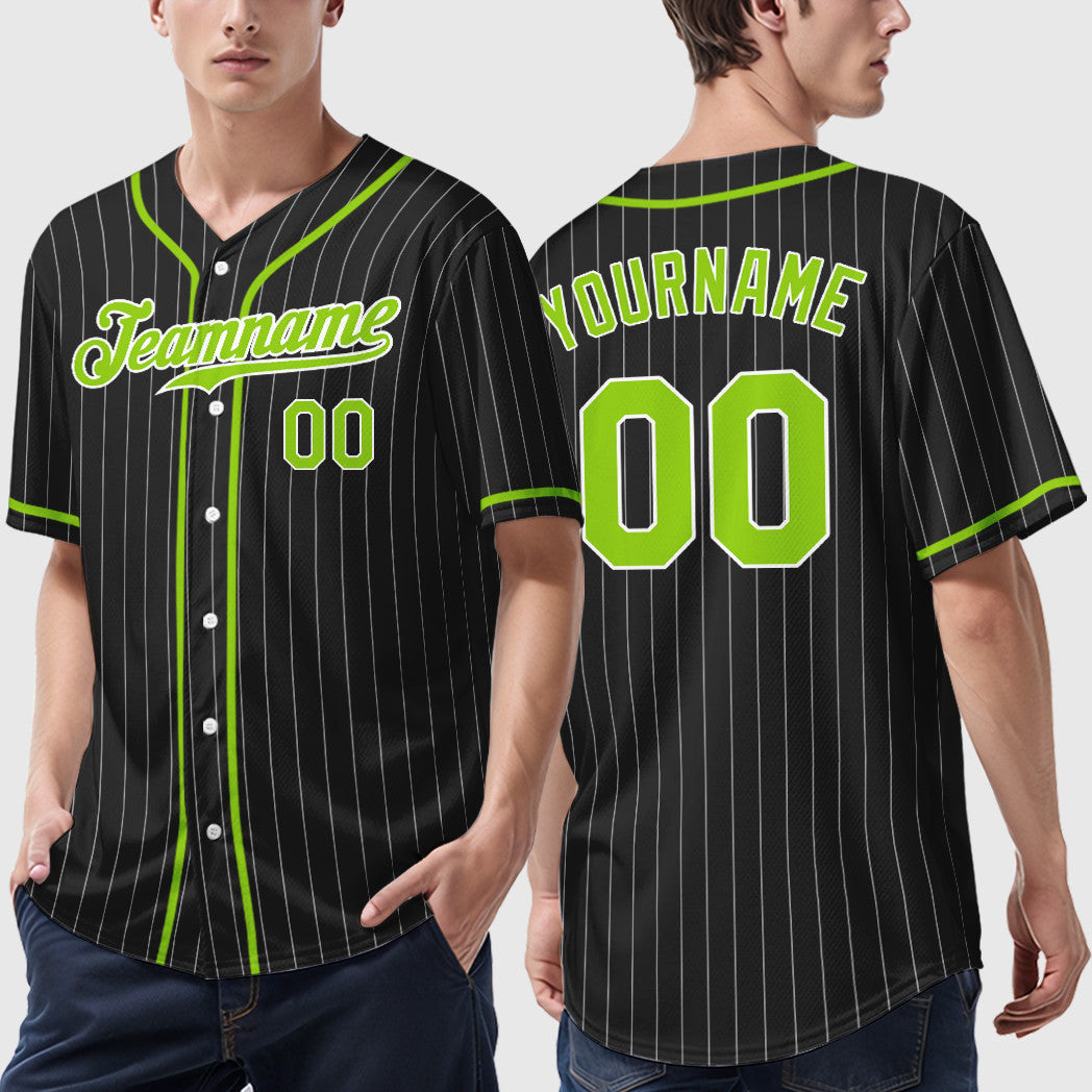 Custom Black White Neon Green Piping Pinstripe Baseball Jersey