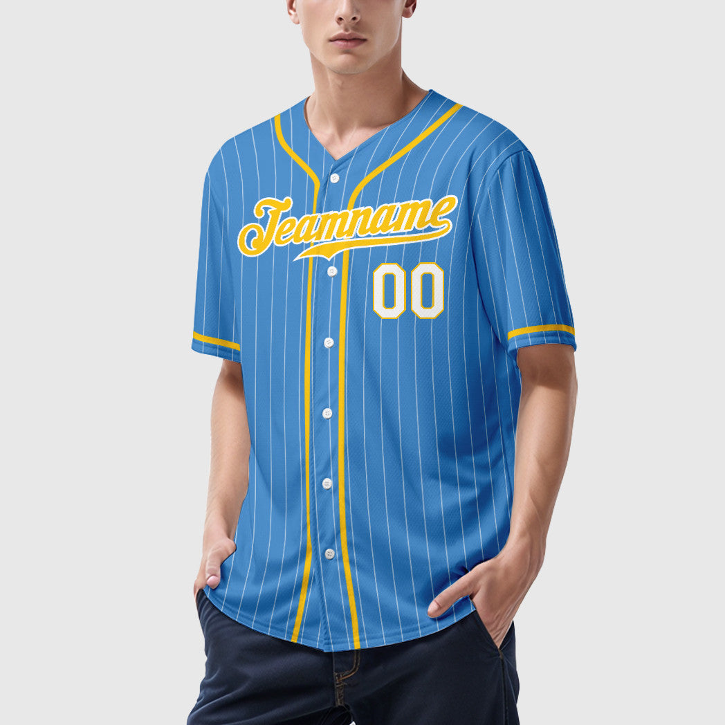 Custom Powder Blue White Gold-White Piping Pinstripe Baseball Jersey