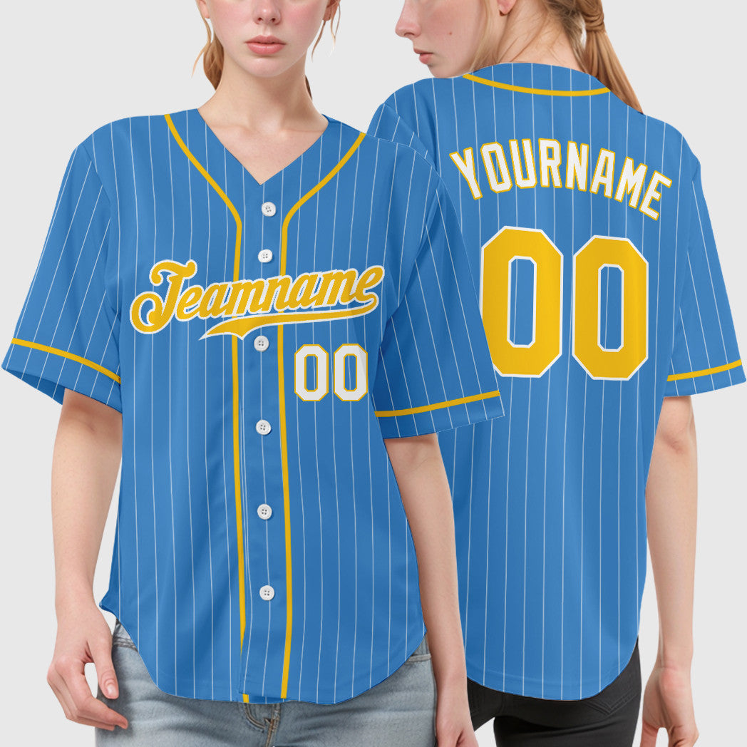Custom Powder Blue White Gold-White Piping Pinstripe Baseball Jersey