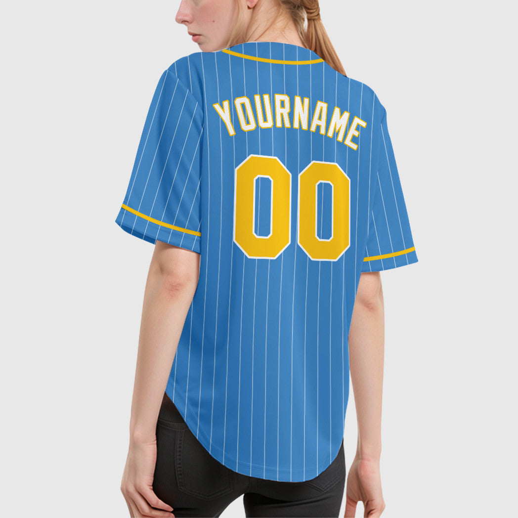 Custom Powder Blue White Gold-White Piping Pinstripe Baseball Jersey