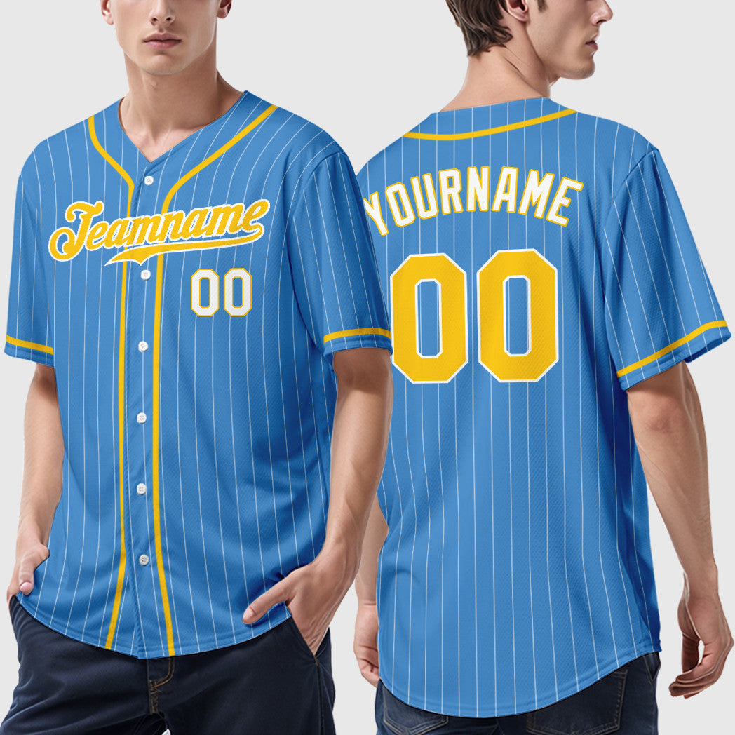 Custom Powder Blue White Gold-White Piping Pinstripe Baseball Jersey