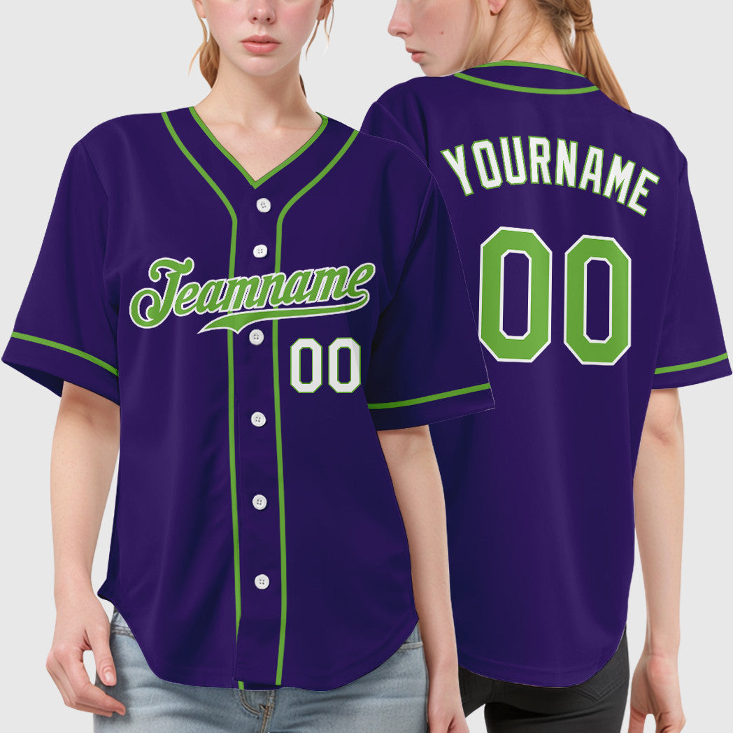 Custom Purple White Neon Green-White Piping Baseball Jersey