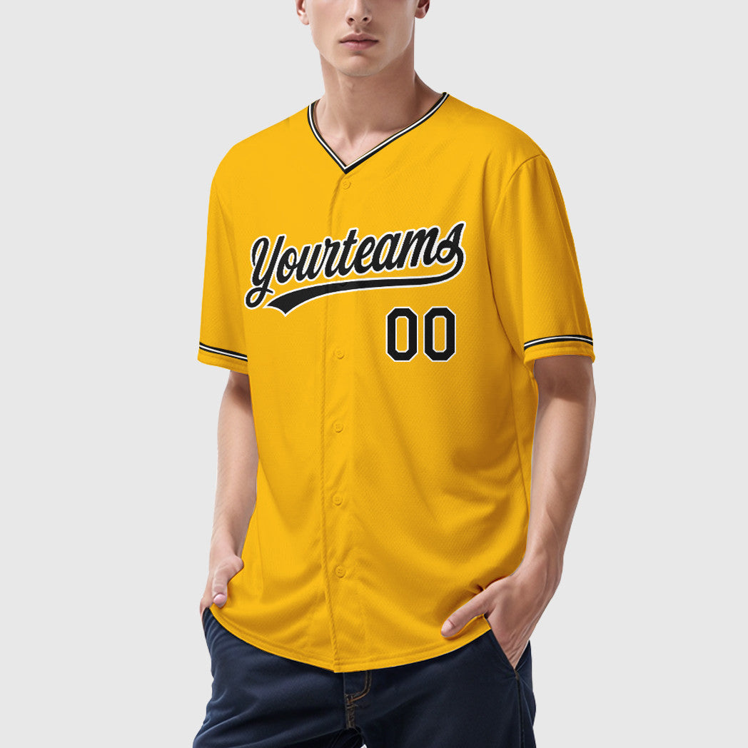 Custom Gold Black Black-White Collar Sleeve Baseball Jersey