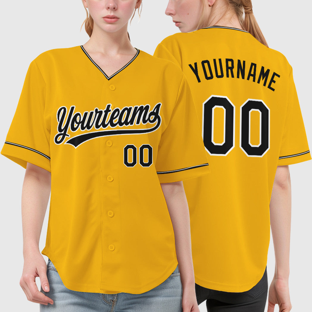 Custom Gold Black Black-White Collar Sleeve Baseball Jersey