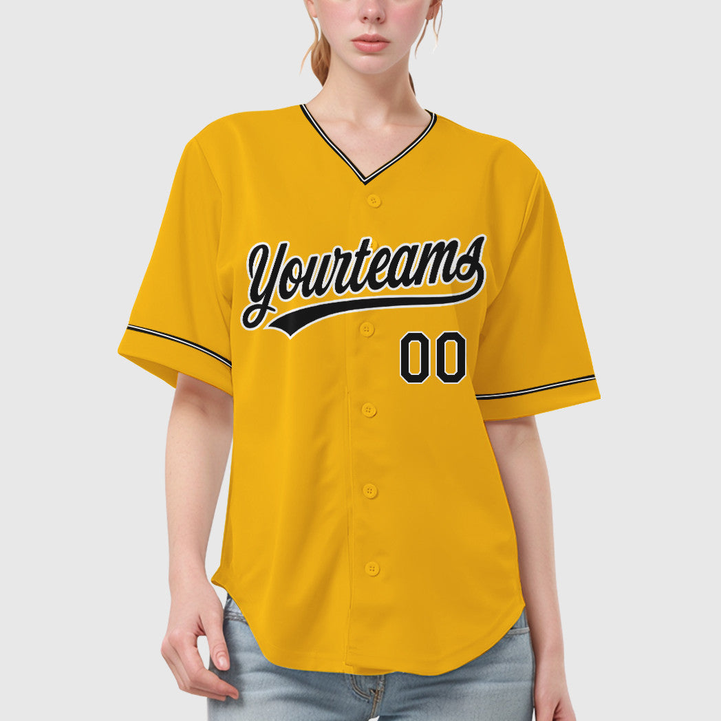 Custom Gold Black Black-White Collar Sleeve Baseball Jersey