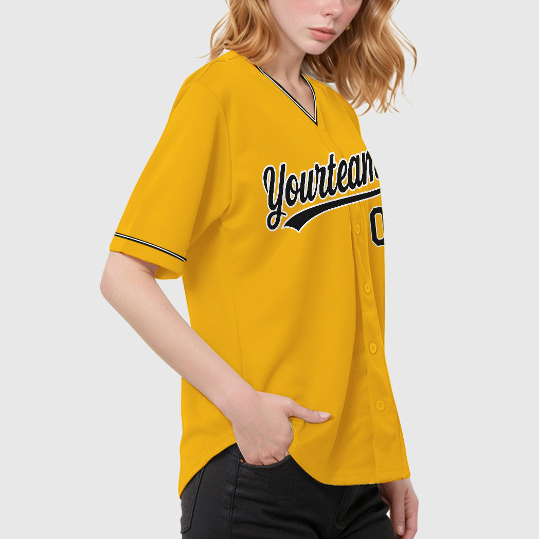 Custom Gold Black Black-White Collar Sleeve Baseball Jersey