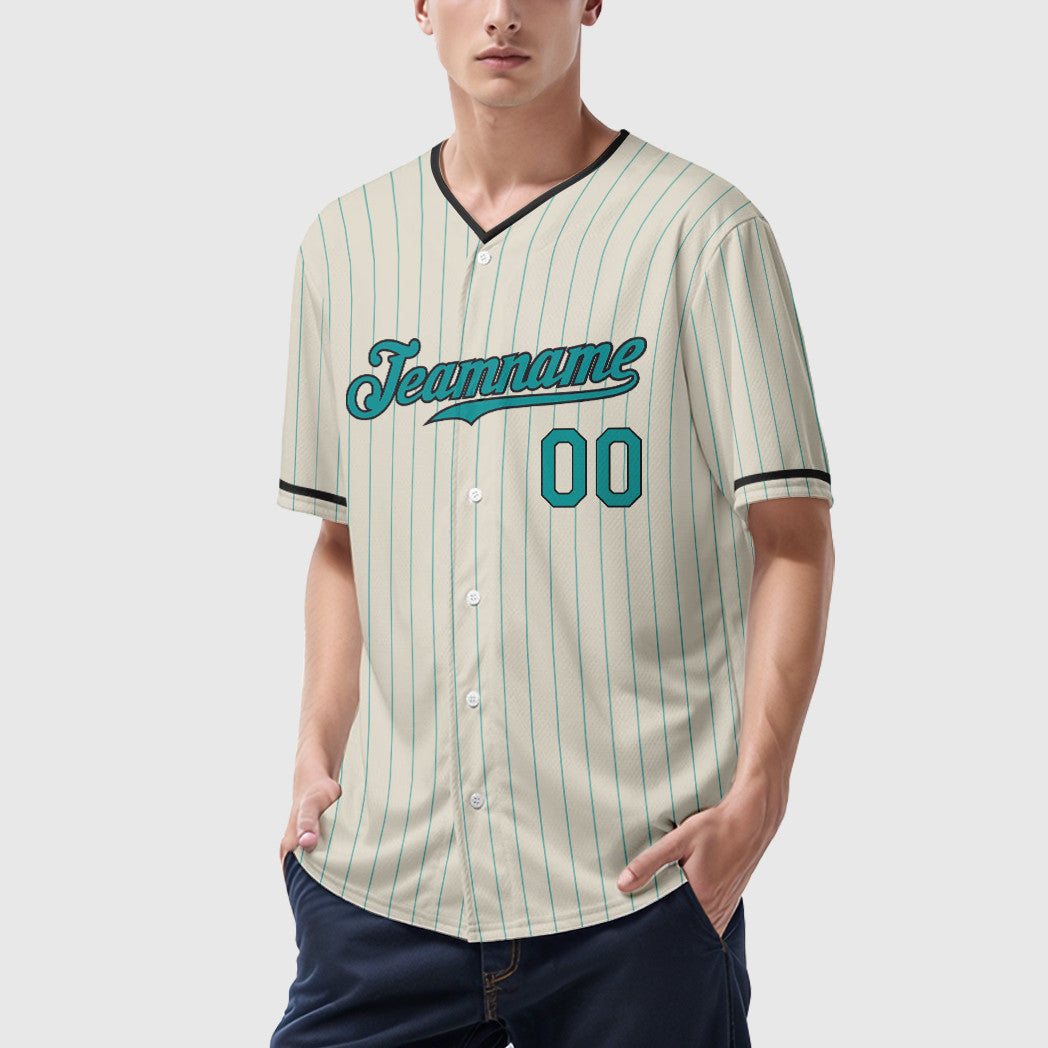 Custom Cream Teal Black Pinstripe Baseball Jersey
