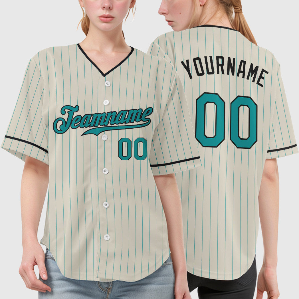 Custom Cream Teal Black Pinstripe Baseball Jersey