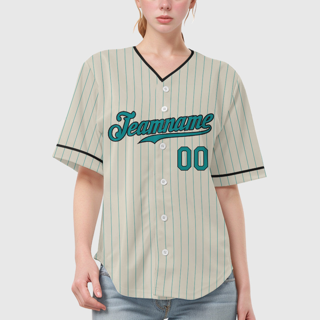 Custom Cream Teal Black Pinstripe Baseball Jersey