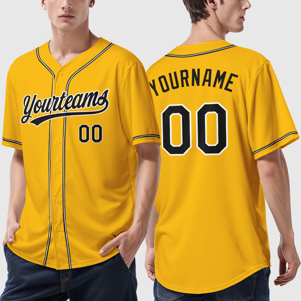 Custom Gold Black Black-White Sleeve Baseball Jersey