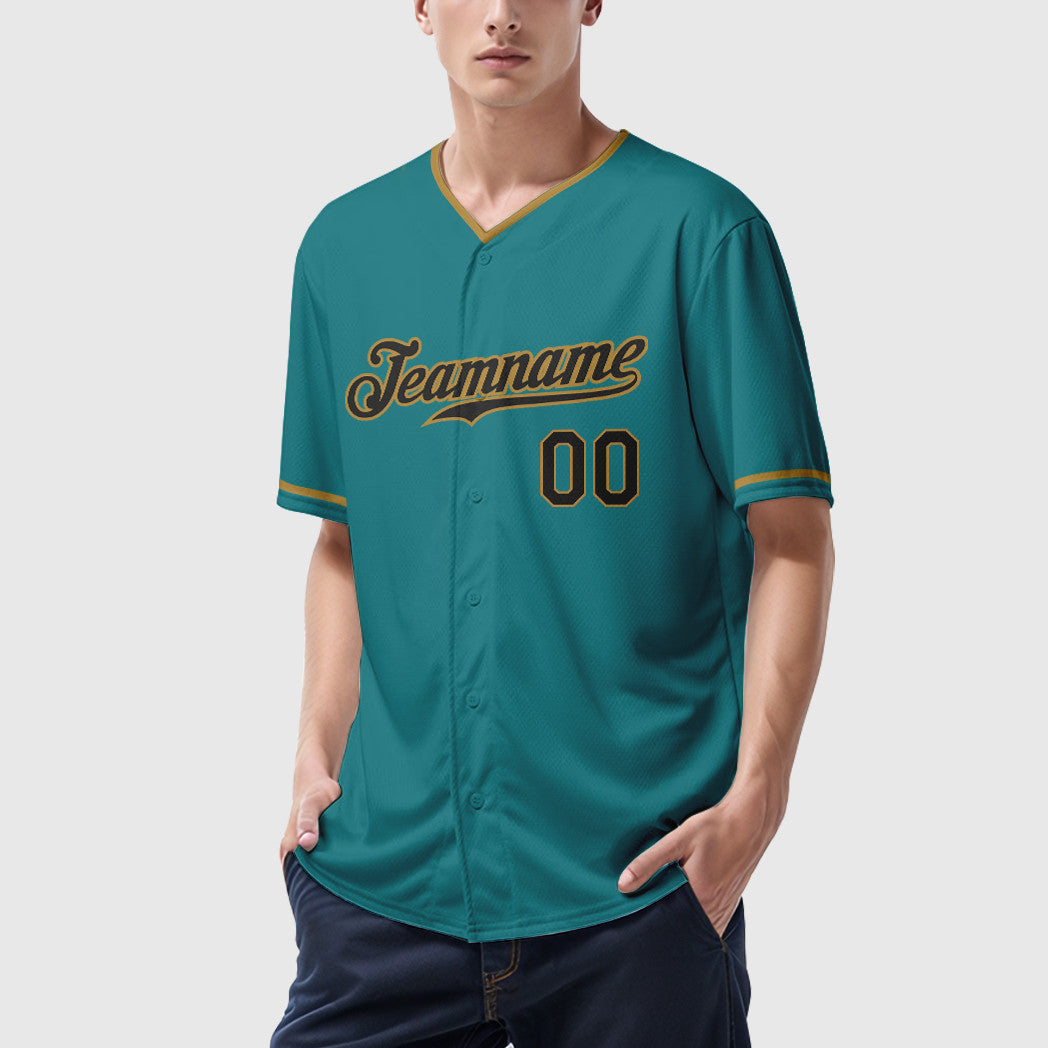 Custom Teal Black Black-Old Gold Collar Sleeve Baseball Jersey