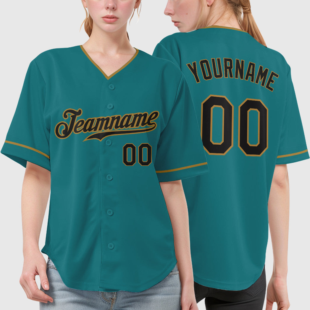 Custom Teal Black Black-Old Gold Collar Sleeve Baseball Jersey