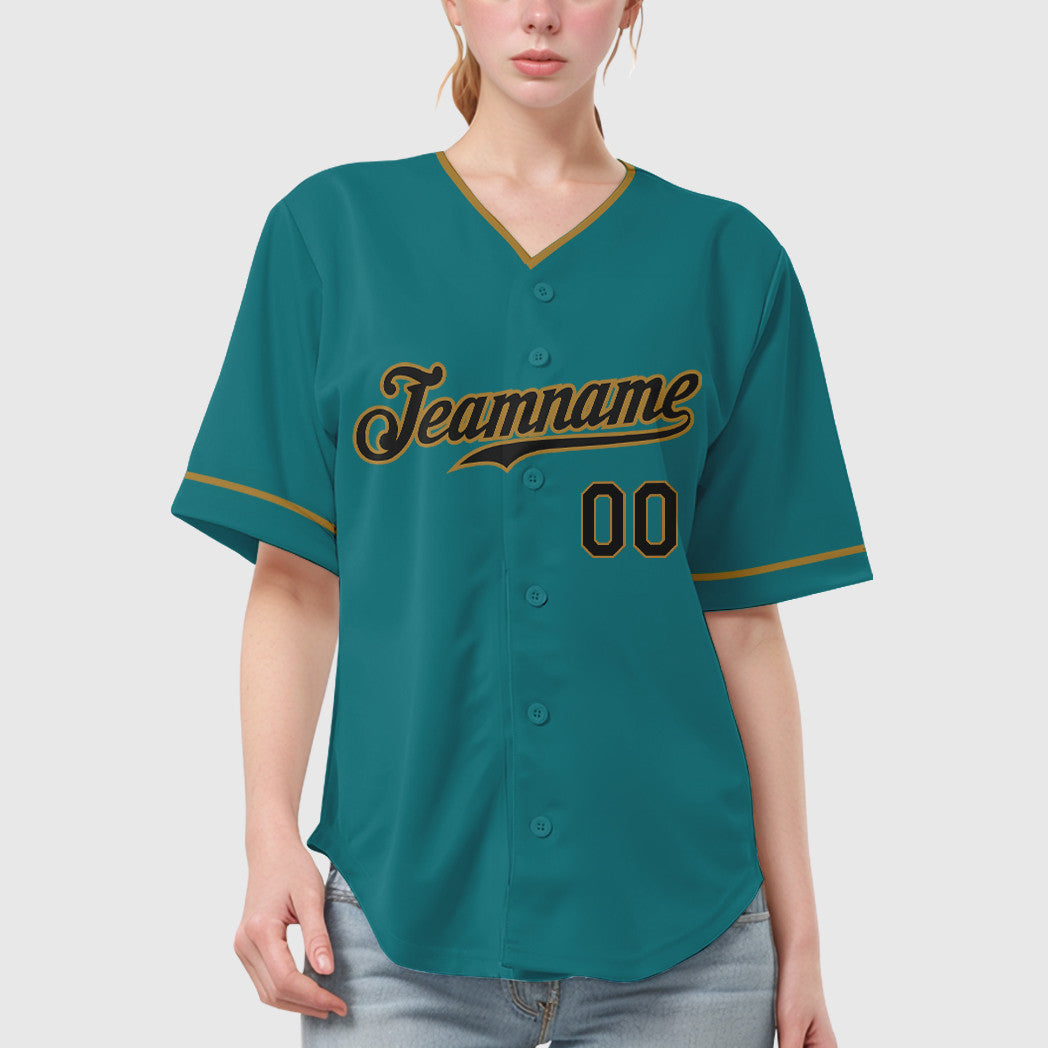 Custom Teal Black Black-Old Gold Collar Sleeve Baseball Jersey