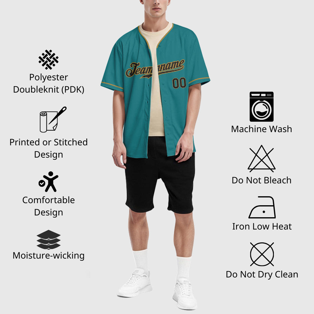 Custom Teal Black Black-Old Gold Collar Sleeve Baseball Jersey