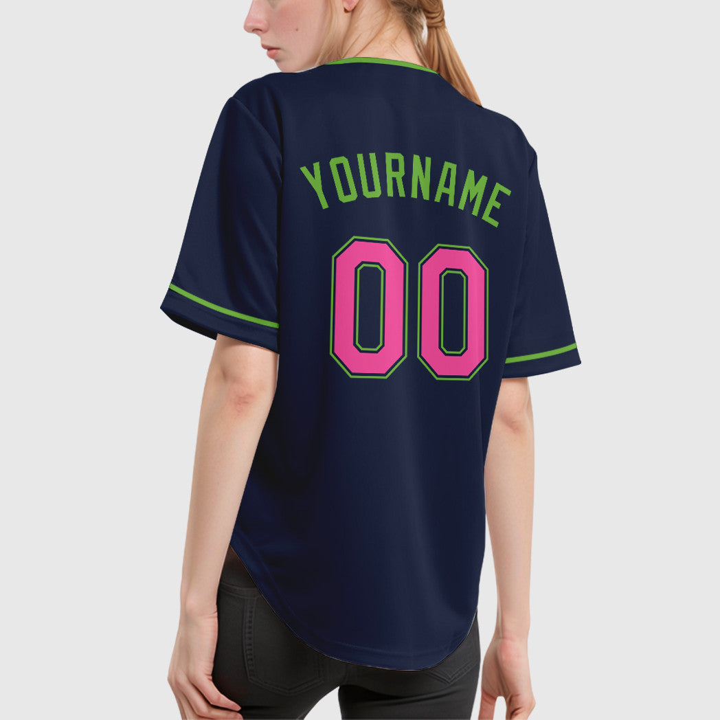 Custom Navy White Pink-Neon Green Collar Sleeve Baseball Jersey