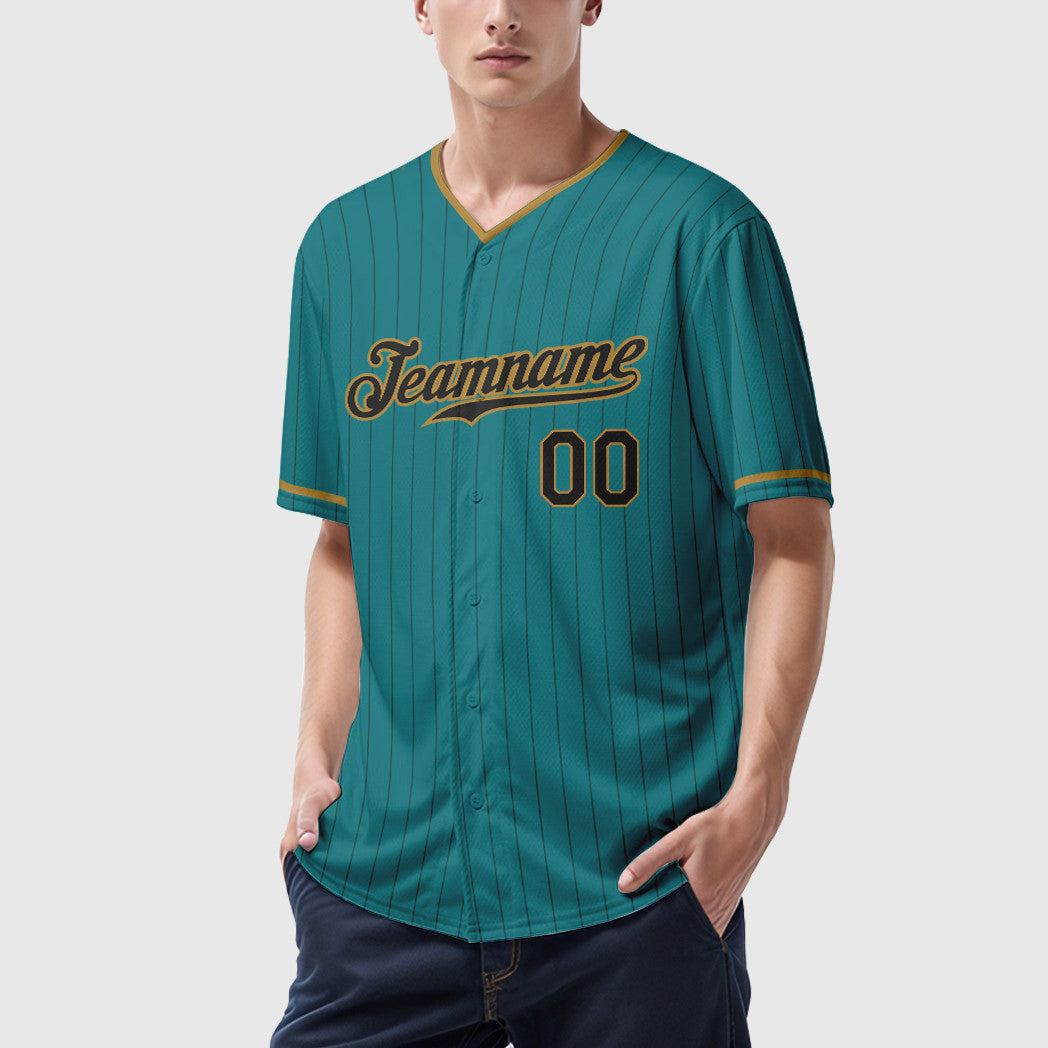 Custom Teal Black Black-Old Gold Pinstripe Baseball Jersey