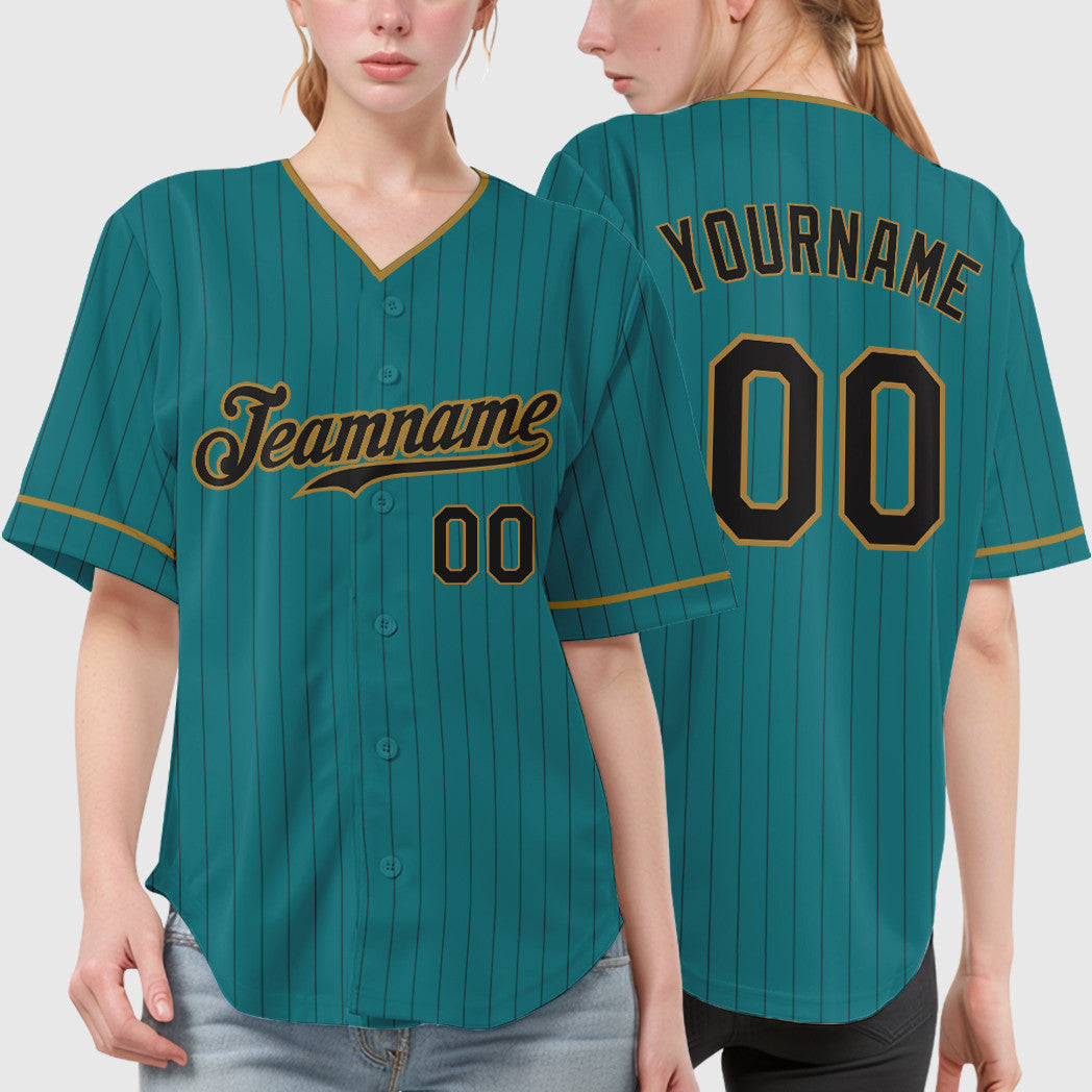 Custom Teal Black Black-Old Gold Pinstripe Baseball Jersey