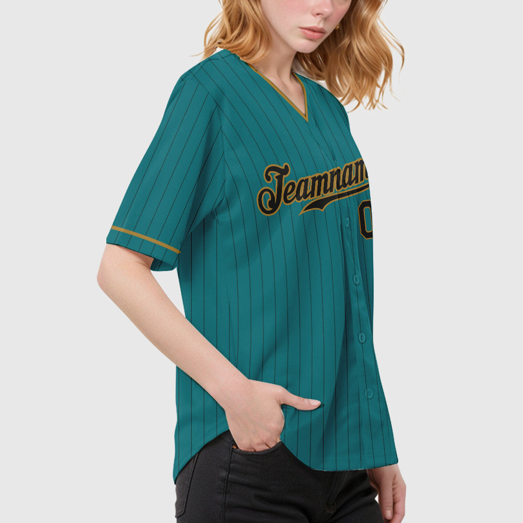 Custom Teal Black Black-Old Gold Pinstripe Baseball Jersey