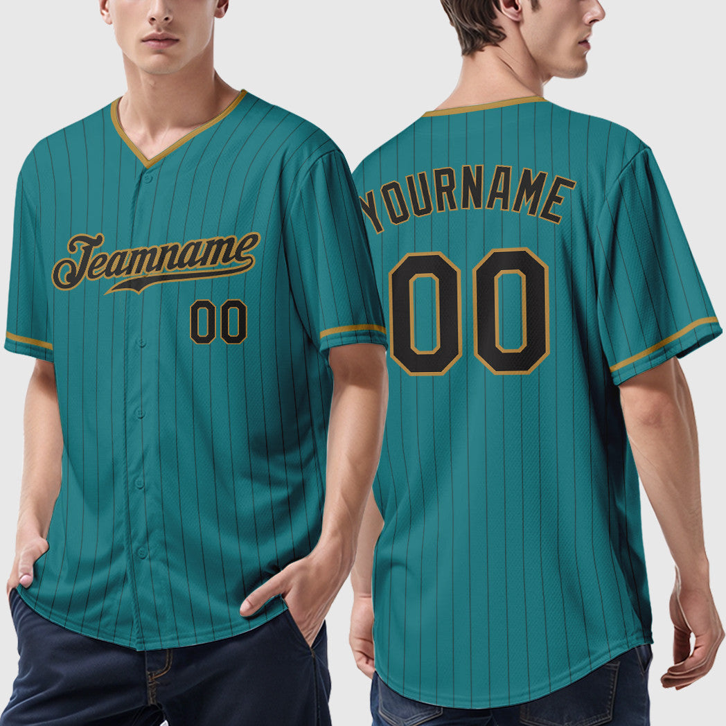 Custom Teal Black Black-Old Gold Pinstripe Baseball Jersey