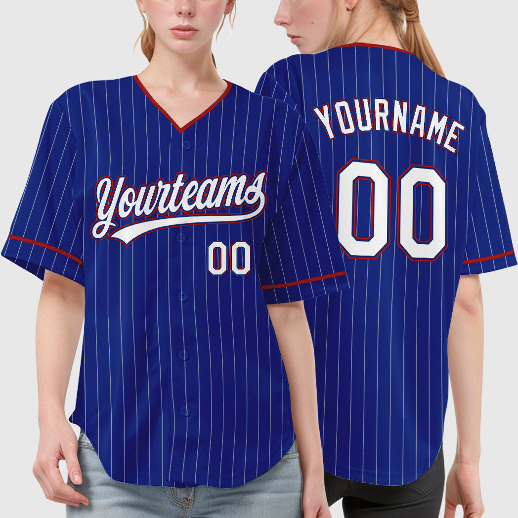 Custom Royal White Red Pinstripe Baseball Jersey