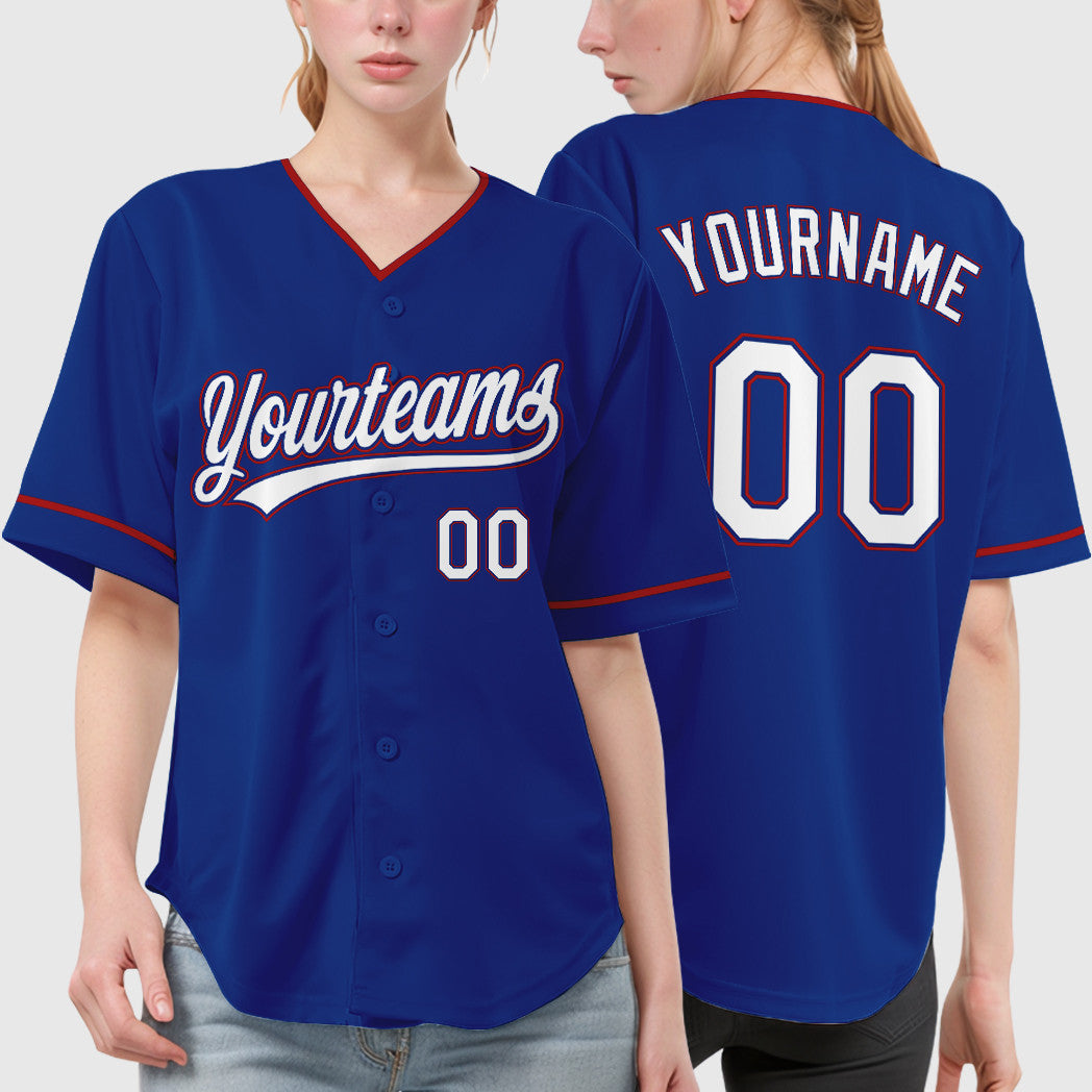 Custom Royal White Red Collar Sleeve Baseball Jersey