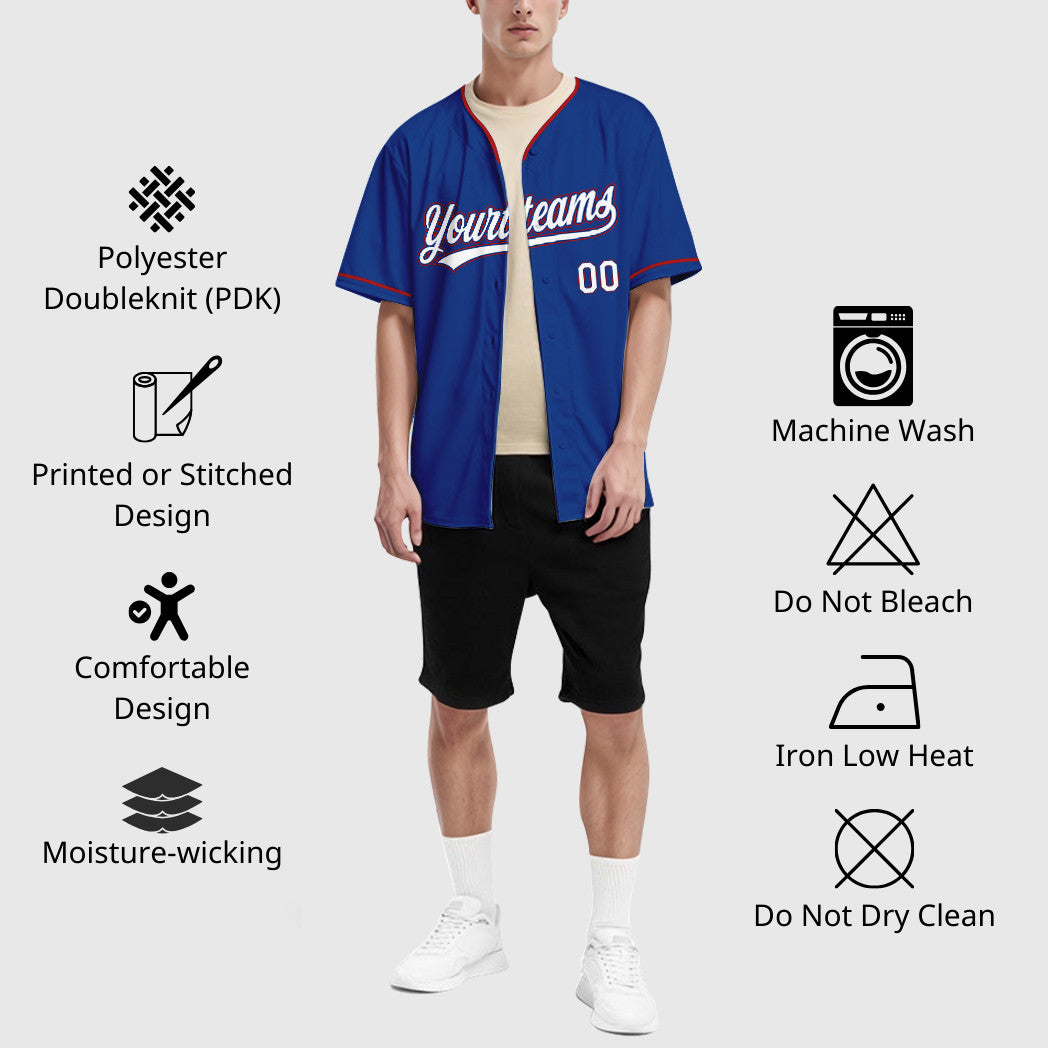 Custom Royal White Red Collar Sleeve Baseball Jersey